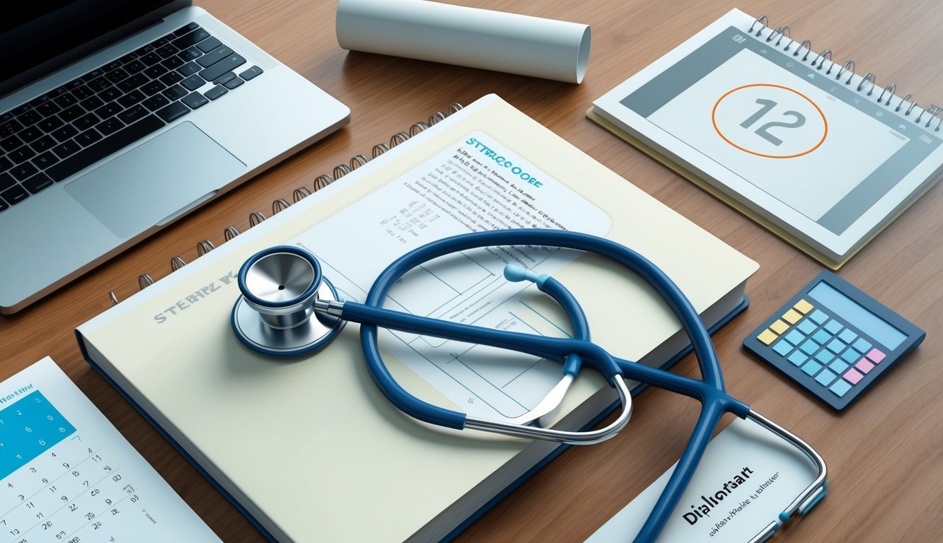 A stethoscope resting on a medical textbook, surrounded by a laptop, diploma, and a calendar with a circle around a future date