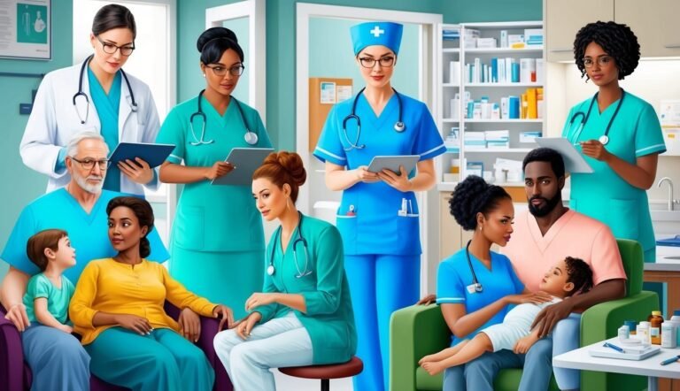 Medical staff and patients in a doctor's office, diverse group
