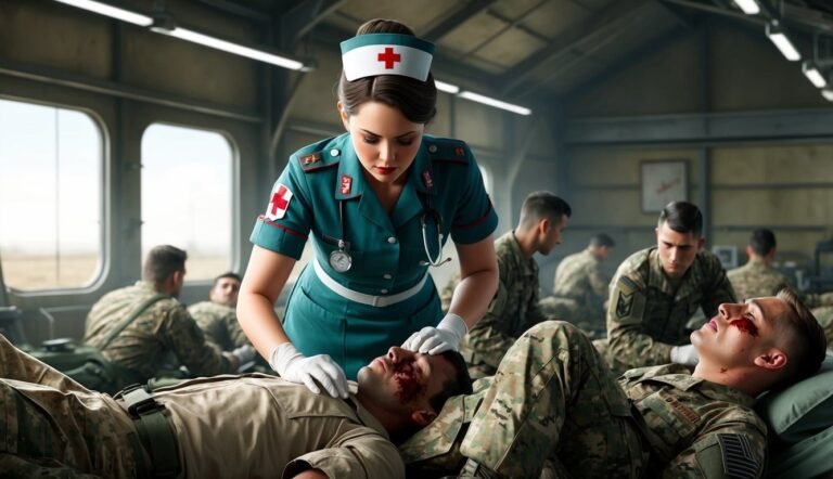 Nurse tending to injured soldier with facial wound in a medical bay