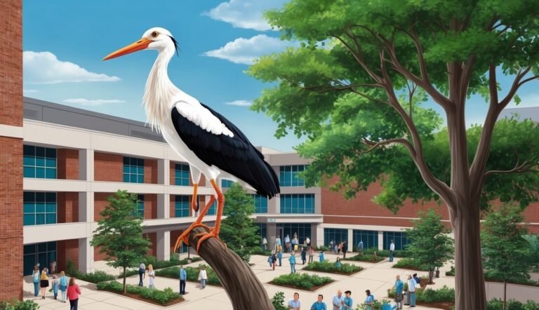 Giant stork perched on a branch, overlooking a building with people