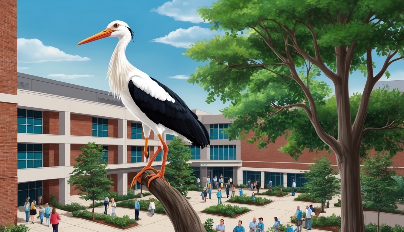 Giant stork perched on a branch, overlooking a building with people