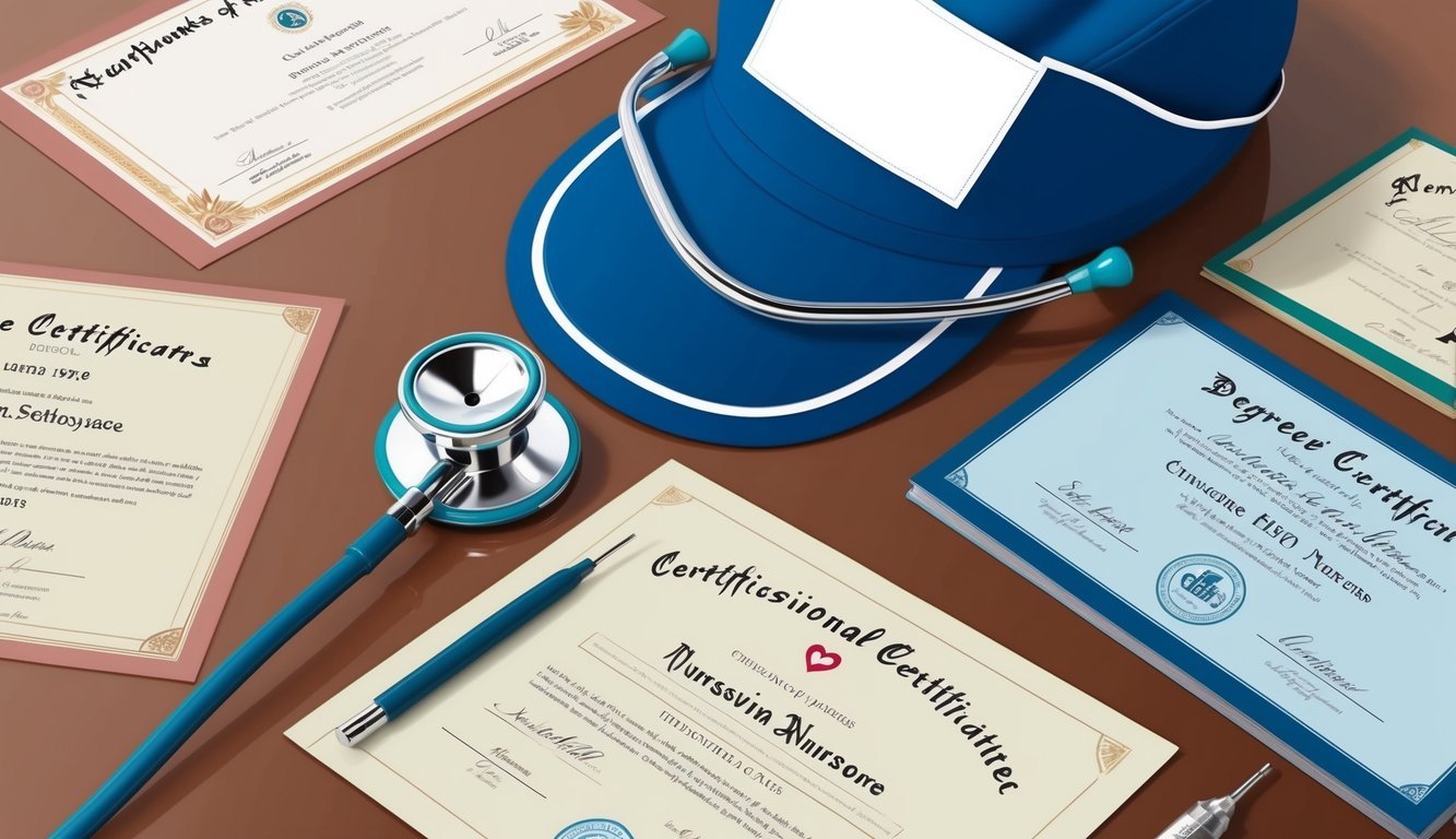 A stethoscope, nursing cap, and various degree certificates arranged on a desk