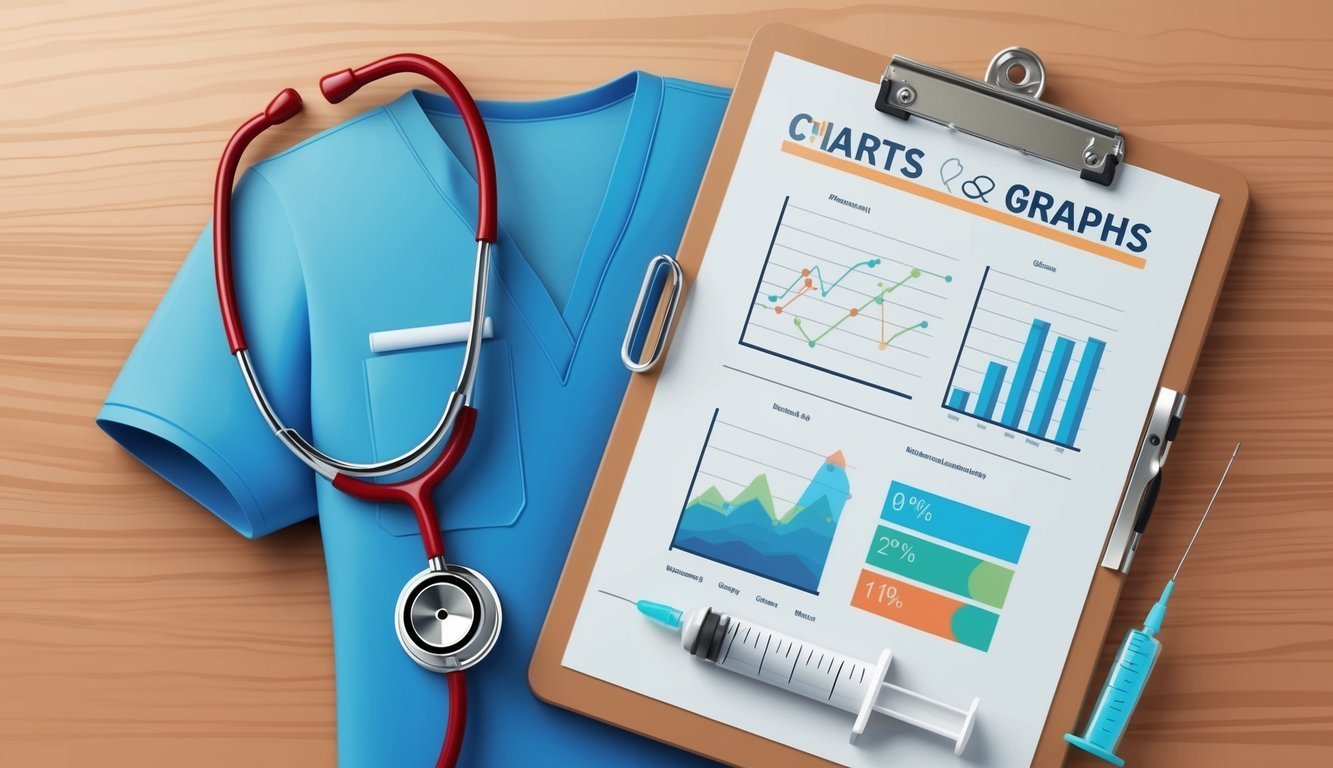 Medical scrubs, stethoscope, charts, and syringes on a wooden surface
