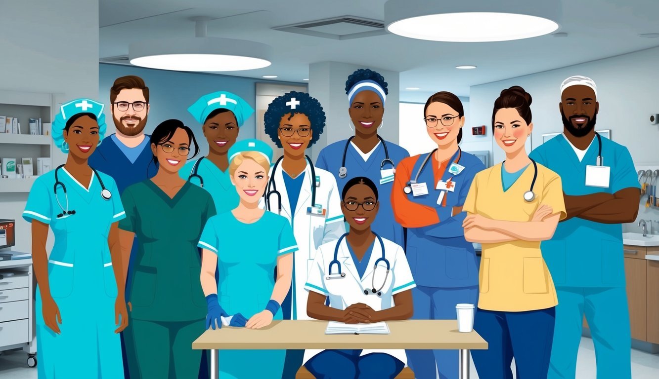 A diverse group of nurses in various specialties working together in a modern hospital setting