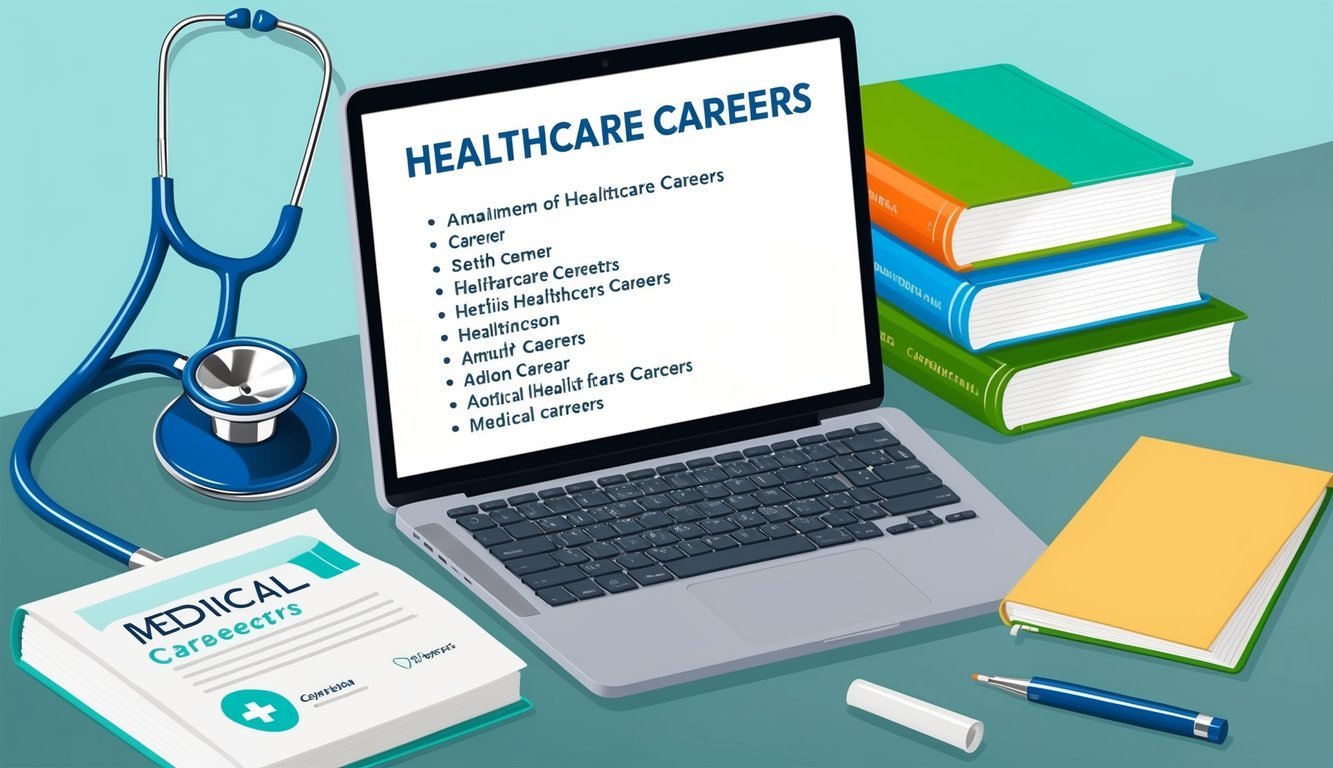 A stethoscope, medical textbooks, and a diploma on a desk next to a computer displaying a list of healthcare careers