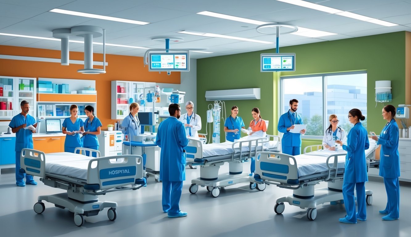 Hospital room with medical staff, beds, and medical equipment