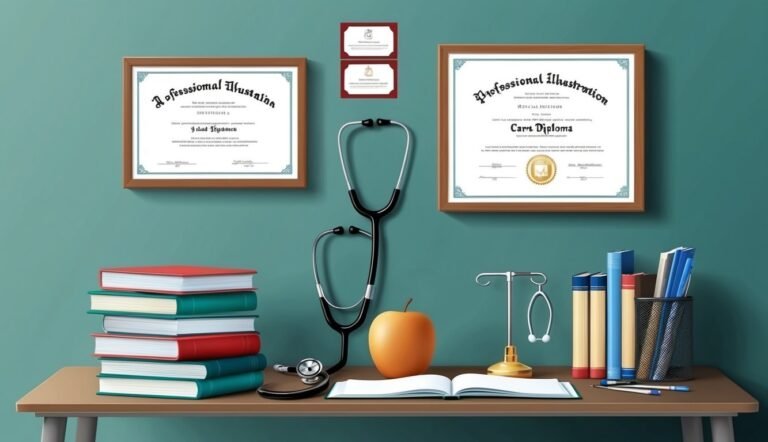 Desk with diplomas, stethoscope, books, apple, and medical equipment
