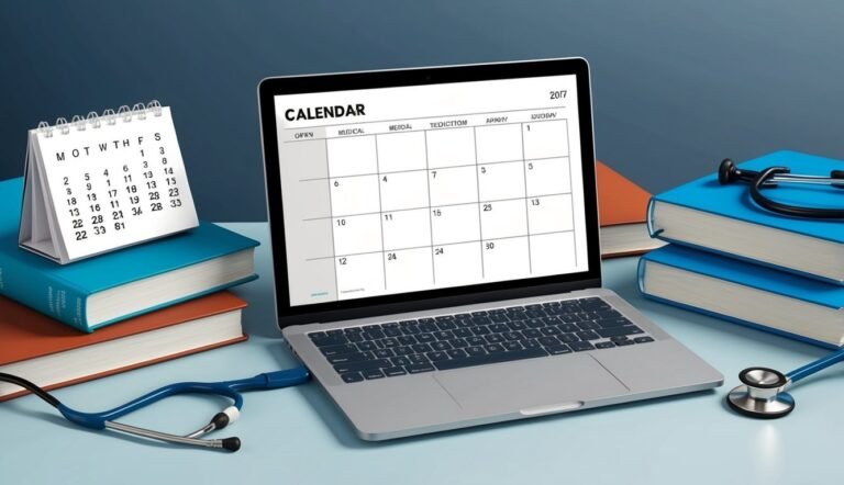 Laptop with calendar, stethoscope, books, and desk calendar