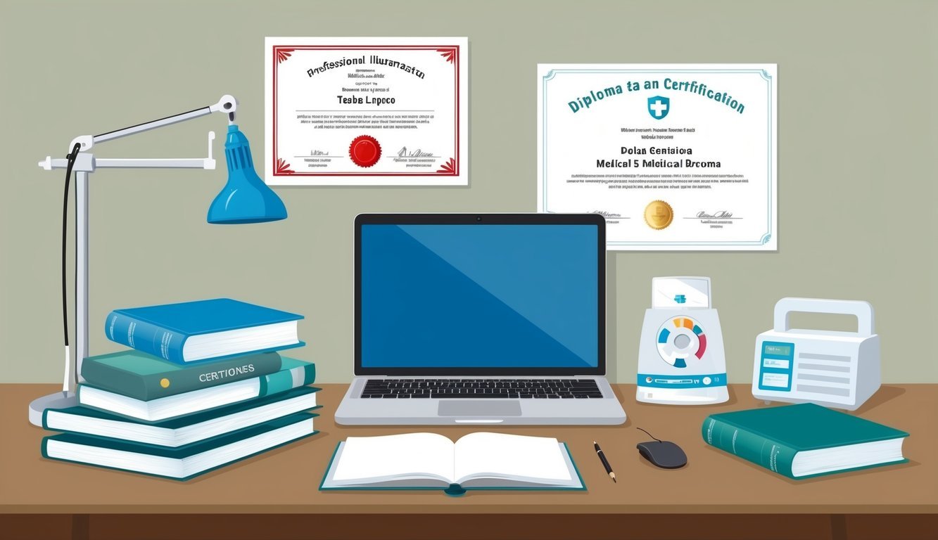A desk with a laptop, textbooks, and medical equipment.</p><p>A diploma and certification documents on the wall