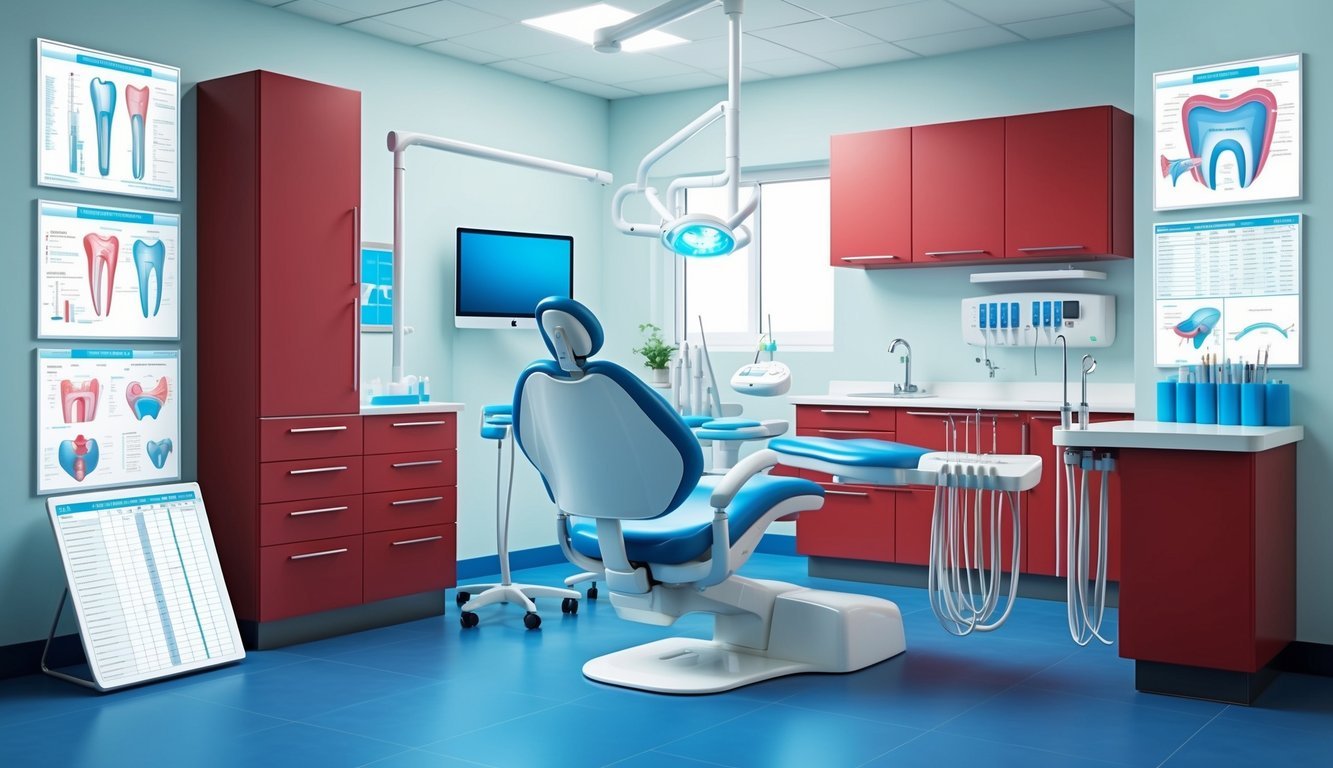 A dental office with modern equipment and tools, surrounded by charts and diagrams