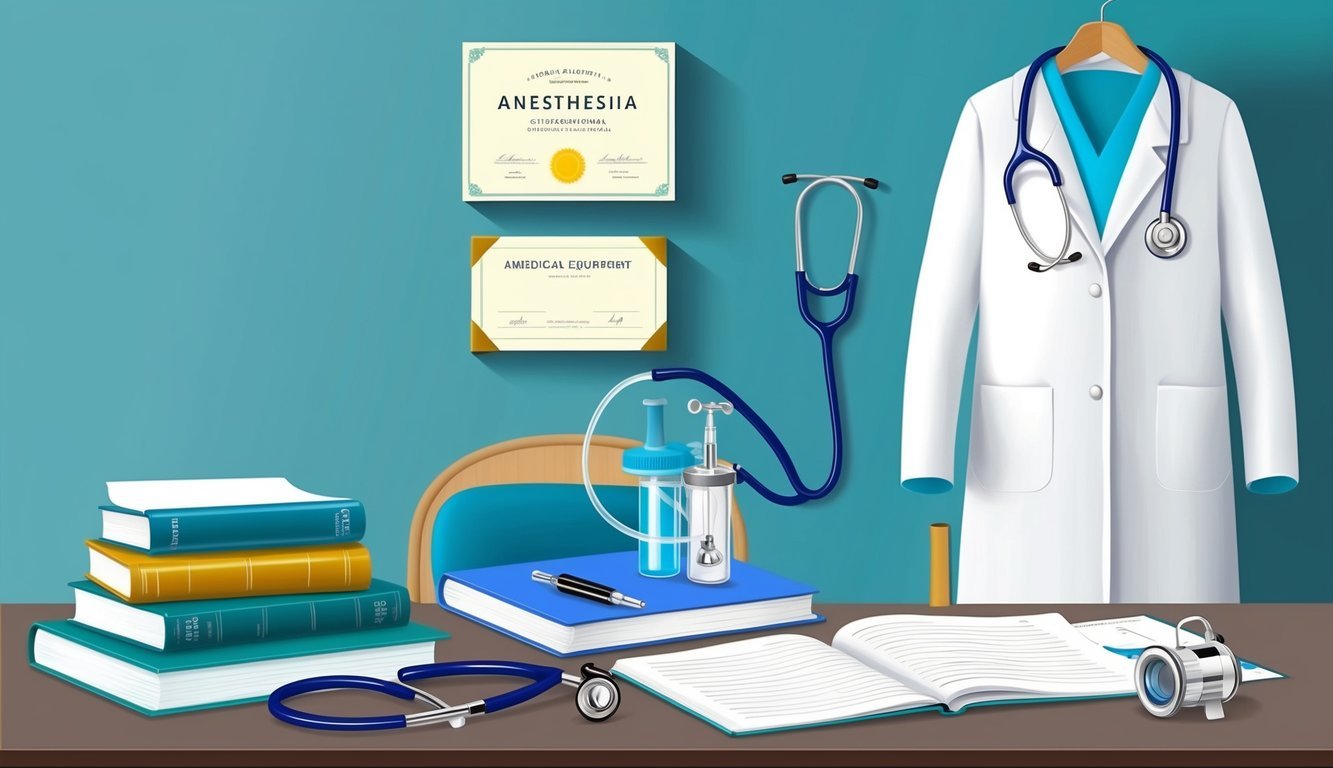 A stethoscope, medical textbooks, and anesthesia equipment on a desk.</p><p>A white coat hanging on a chair.</p><p>A diploma on the wall