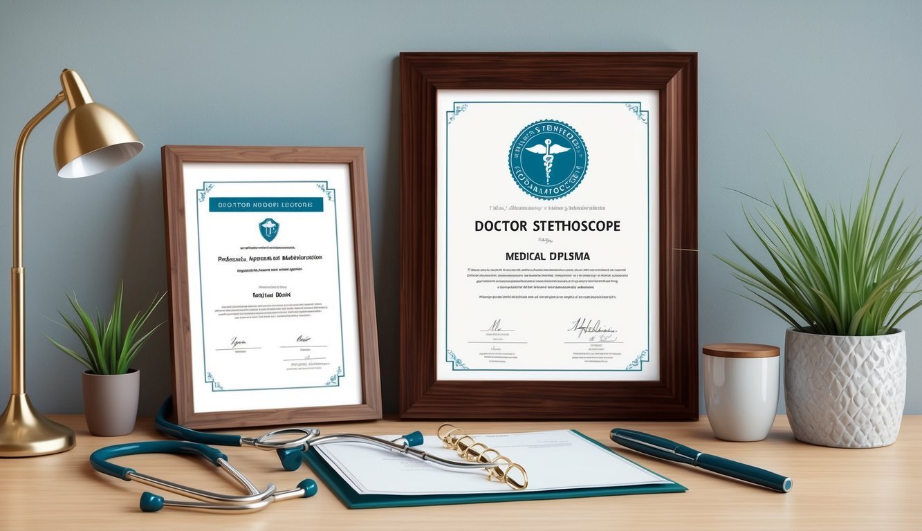 A doctor's stethoscope, medical diploma, and license framed on a desk