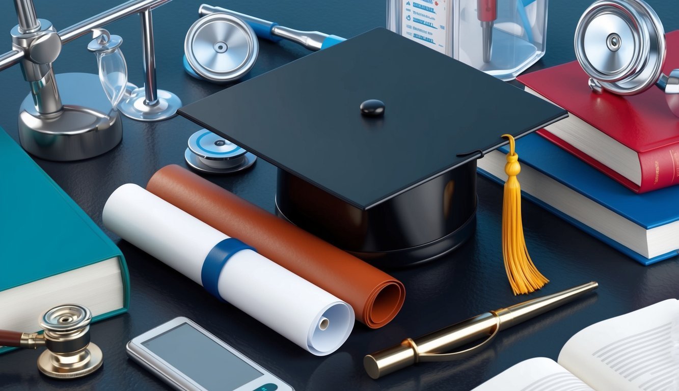 A graduation cap and diploma surrounded by medical equipment and textbooks