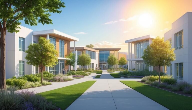 Modern office buildings with landscaped walkways and trees under a sunny sky