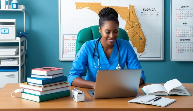Smiling Black female doctor in scrubs working on a laptop at desk