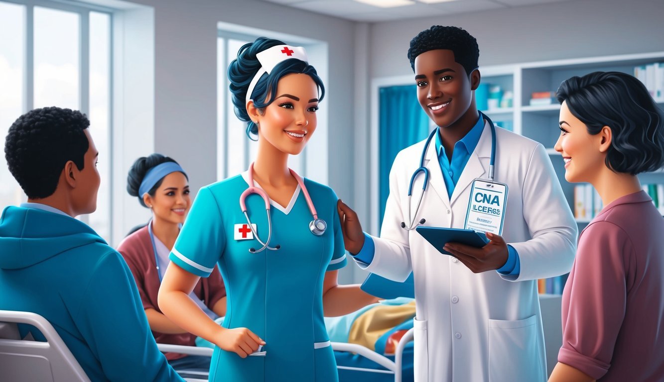 A hospital setting with a nurse holding a CNA license and interacting with patients and colleagues