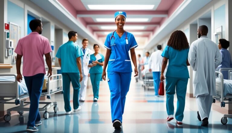 Smiling nurse in blue scrubs walks down a hospital hallway