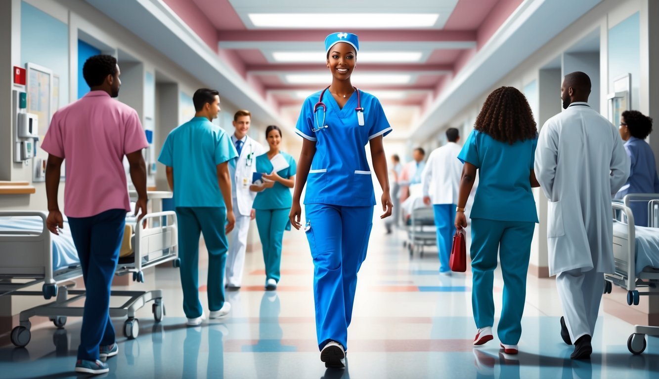 Smiling nurse in blue scrubs walks down a hospital hallway