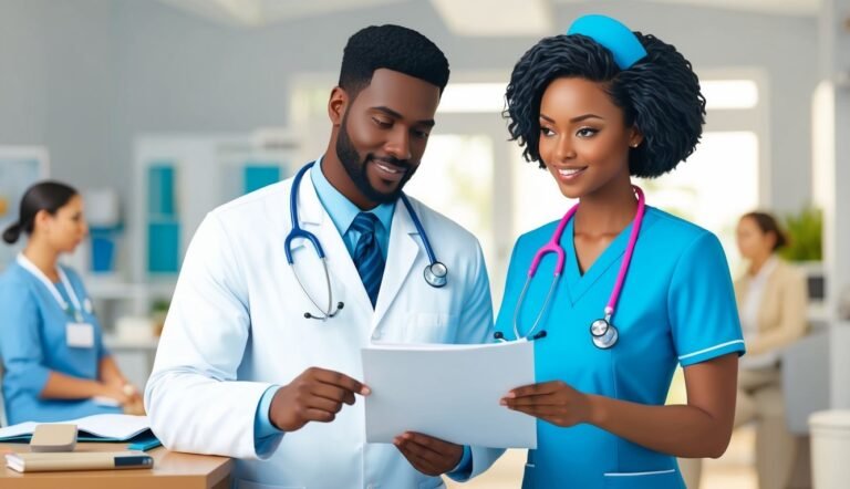 Doctor and nurse looking at a document, both wearing stethoscopes and smiling