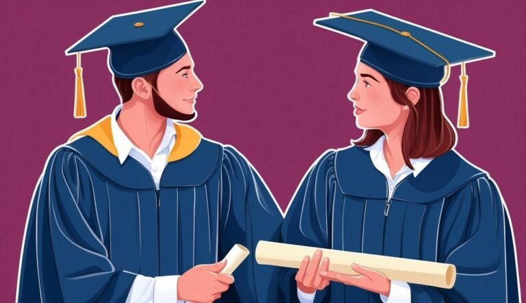 Two graduates in caps and gowns holding diplomas, looking at each other