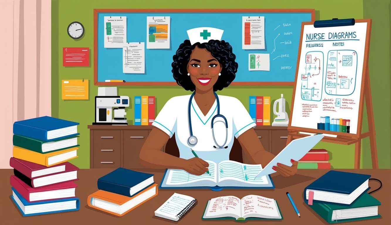 A nurse in NYC attending a continuing education class, surrounded by textbooks, medical equipment, and a whiteboard filled with diagrams and notes