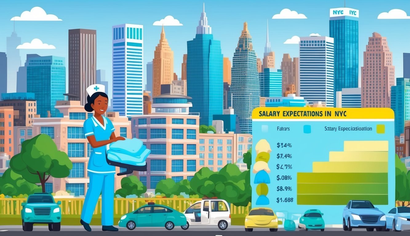 A bustling cityscape with skyscrapers and hospitals, a nurse in uniform helping patients, and a chart showing salary expectations in NYC