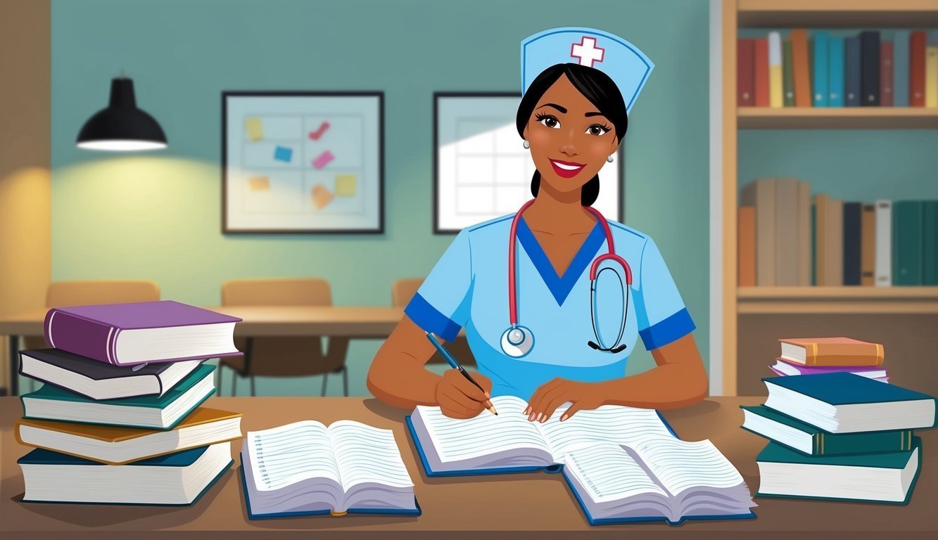 Nurse studying at a desk with books, writing in a notebook, smiling