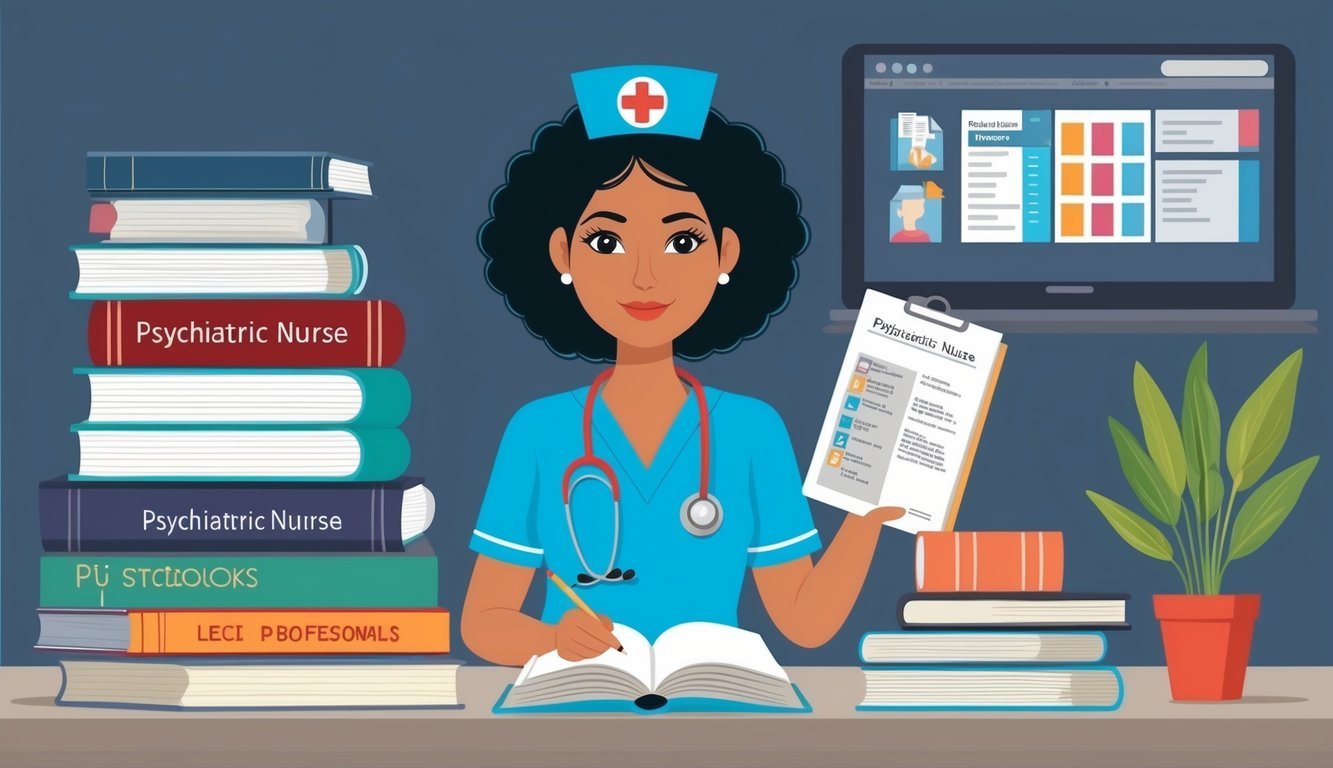 A psychiatric nurse studying textbooks, shadowing professionals, and attending lectures for several years