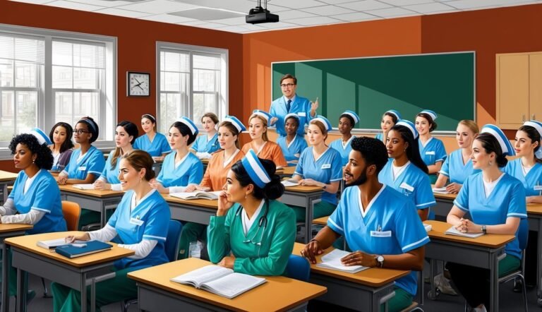 Nursing students in a classroom listening to a lecture, teacher at the board