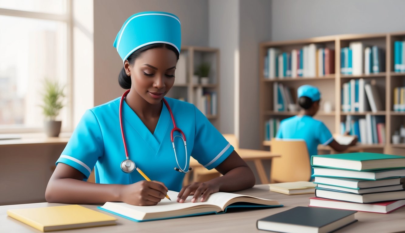 A psychiatric nurse studying textbooks and taking notes at a desk in a quiet, well-lit study room