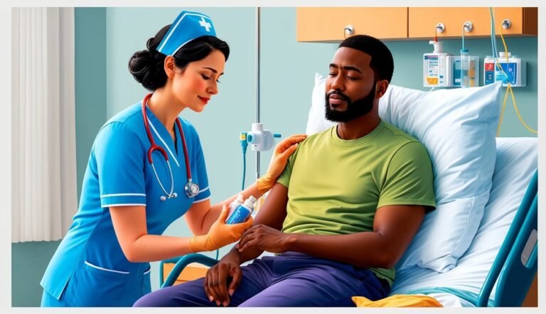 Nurse giving medication to a patient in a hospital bed
