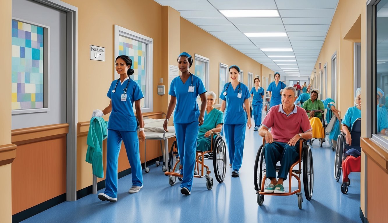 A busy hospital hallway with nurses in scrubs and patients in wheelchairs, a sign pointing to the psychiatric unit
