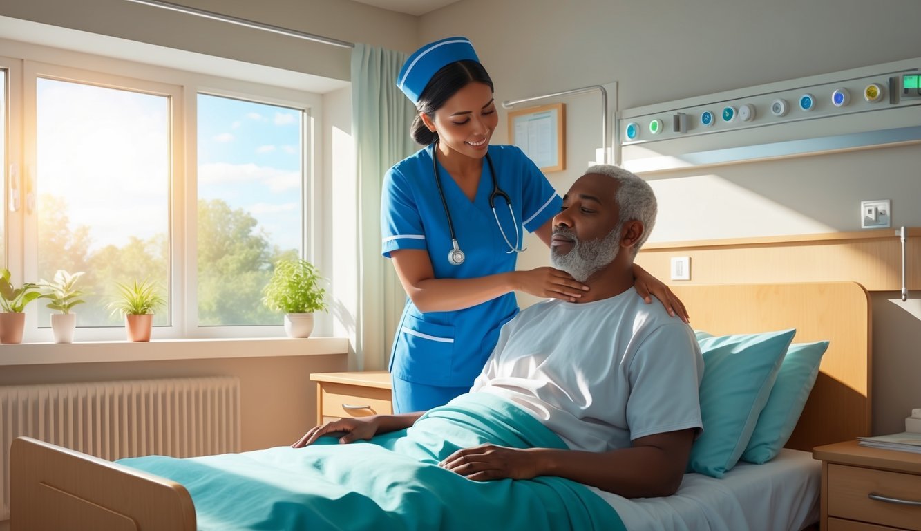 A psychiatric nurse comforting a patient in a peaceful, sunlit hospital room