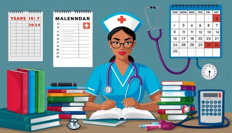 Nurse with books, calendars, and stethoscope, writing in a notebook