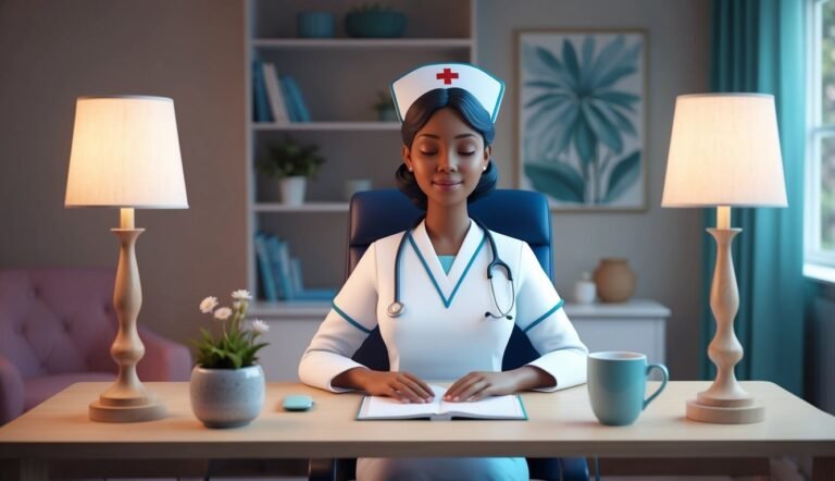Nurse in uniform sits at desk with eyes closed, stethoscope