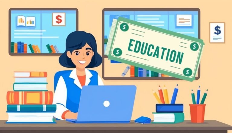 Woman at desk with laptop, education bill, and books