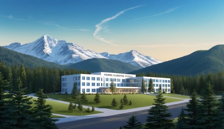 Modern school building in a mountain landscape with snowy peaks