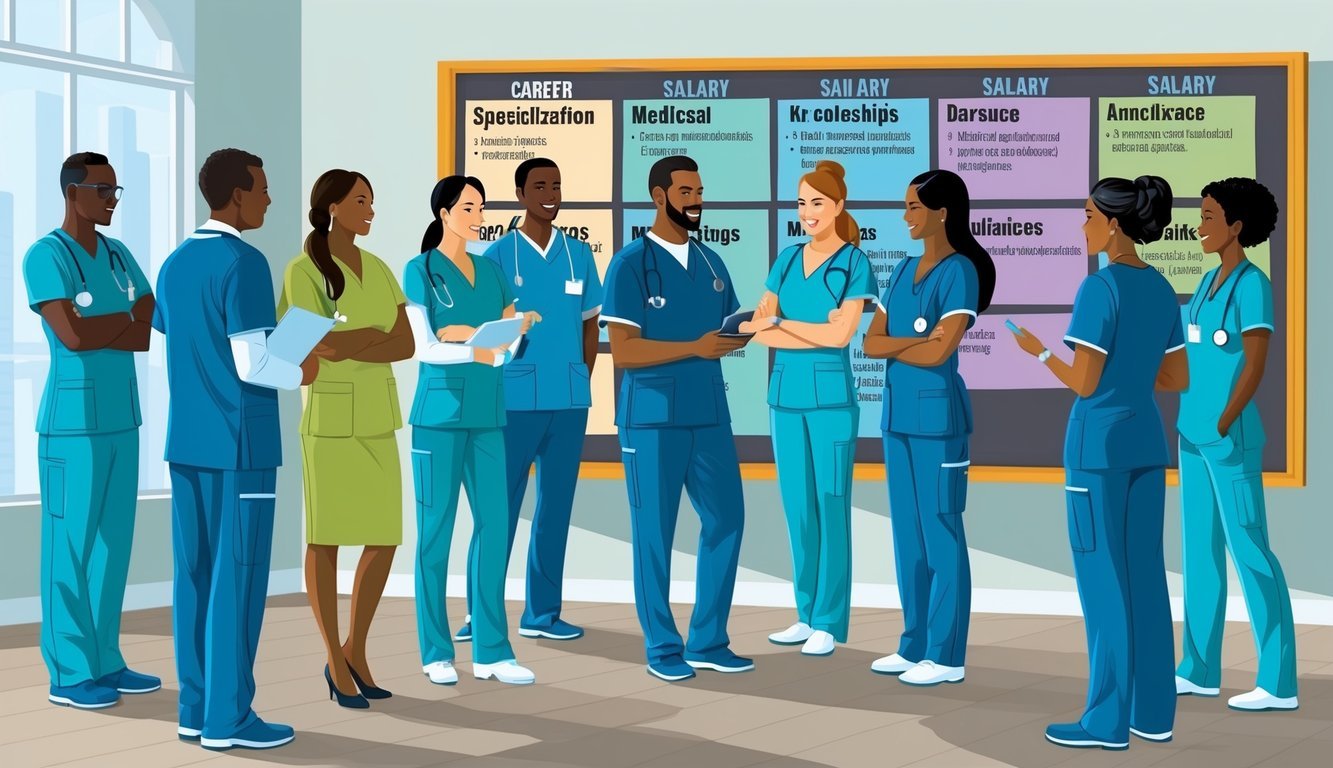 A group of professionals in medical scrubs discussing career paths and salary opportunities for MSN graduates.</p><p>Various specialization options are displayed on a large board in the background