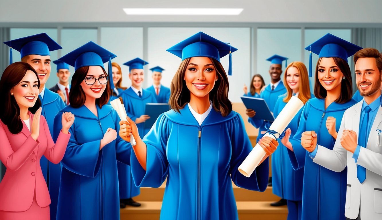 A nurse in a cap and gown receives a diploma on stage, surrounded by cheering colleagues and faculty