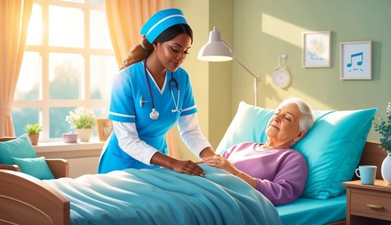 Nurse in blue scrubs tending to an elderly woman in bed