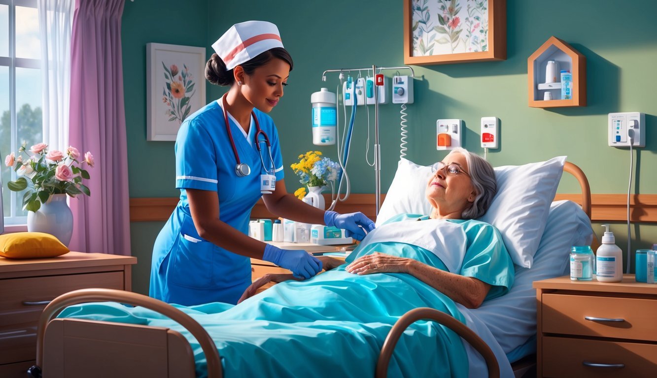 A hospice nurse caring for a patient, surrounded by medical equipment and comforting decor