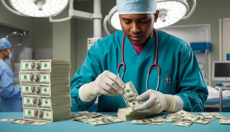 Doctor in scrubs counting stacks of hundred dollar bills in an operating room