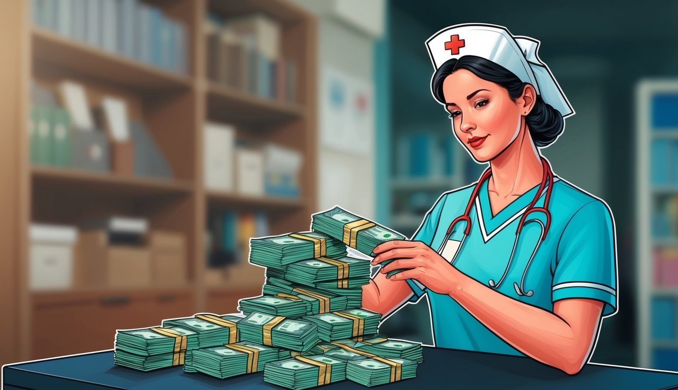 Nurse with stethoscope and money stacks on a desk