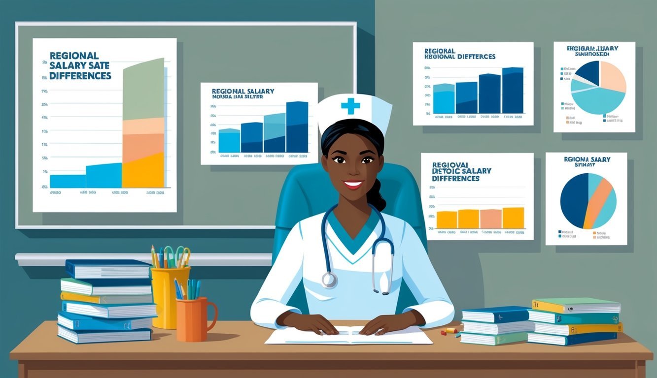 A hospital setting with a nurse at a desk surrounded by charts and graphs, indicating regional salary differences