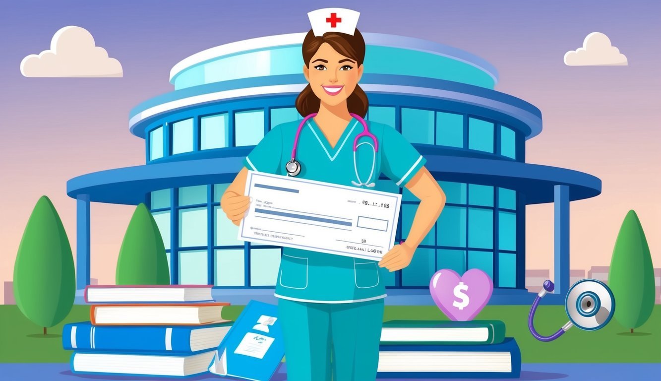 A nurse in scrubs standing in front of a hospital, surrounded by books, a diploma, and a stethoscope.</p><p>The nurse is holding a paycheck with a smile on their face