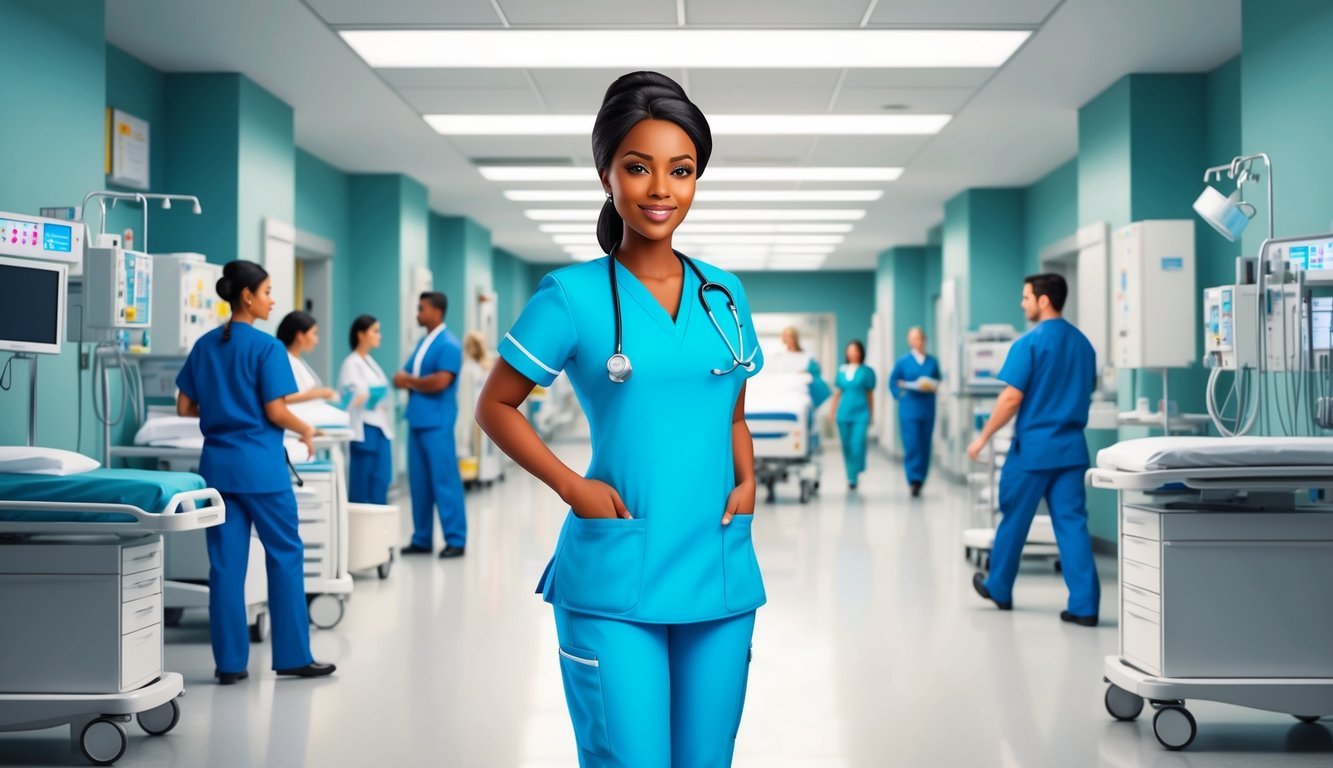 A nurse in scrubs stands confidently in a bustling hospital hallway, surrounded by medical equipment and busy staff.</p><p>A sense of professionalism and job security is evident in the scene