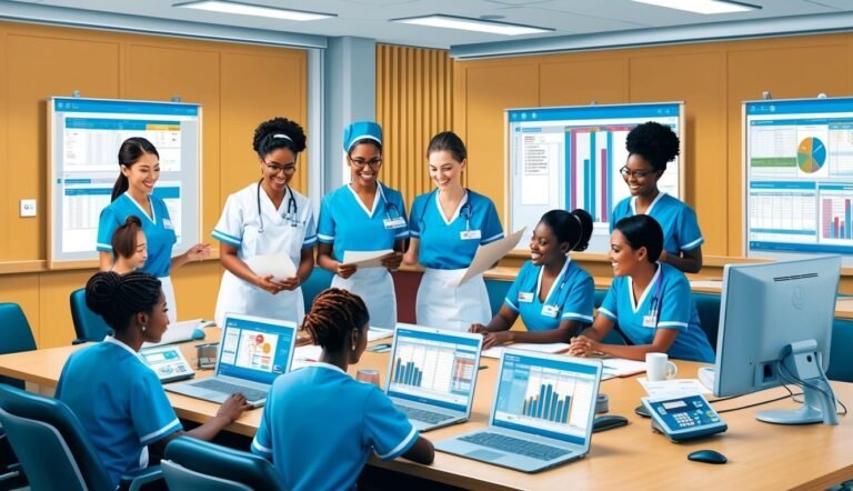 Group of nurses in a meeting, looking at laptops and charts