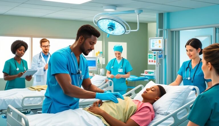 Medical team attending to a patient in a hospital room