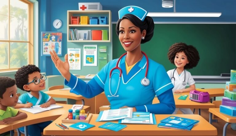 Nurse teaching children in a classroom, with a student nurse and supplies