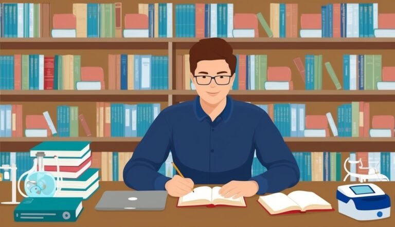 Man in glasses writing in a book at a desk in a library